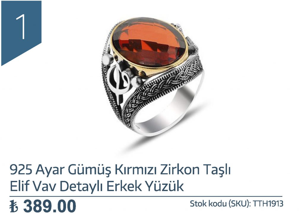 925 Ayar Gümüş Kırmızı Zirkon Taşlı Elif Vav Detaylı Erkek Yüzük