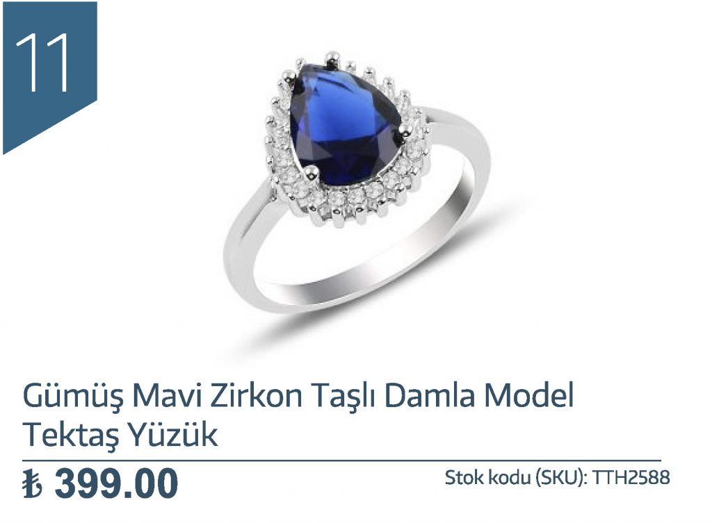 Gümüş Mavi Zirkon Taşlı Damla Model Tektaş Yüzük