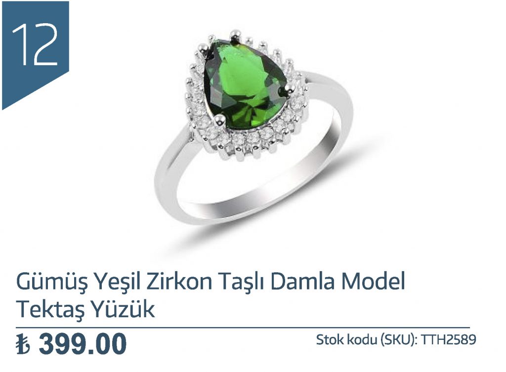 Gümüş Yeşil Zirkon Taşlı Damla Model Tektaş Yüzük