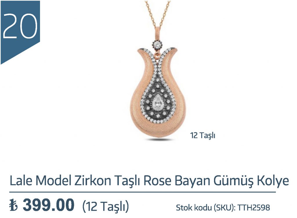 Lale Model Zirkon Taşlı Rose Bayan Gümüş Kolye 12 Taşlı