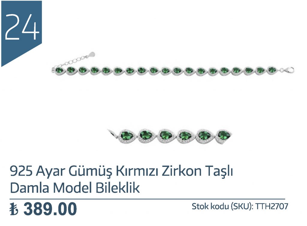 925 Ayar Gümüş Kırmızı Zirkon Taşlı Damla Model Bileklik