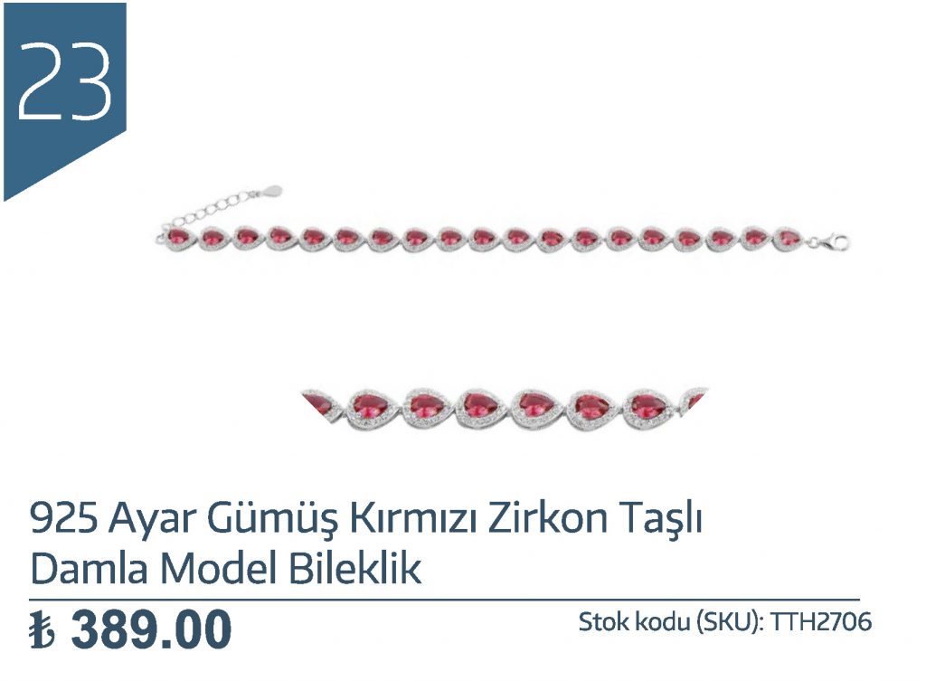 925 Ayar Gümüş Kırmızı Zirkon Taşlı Damla Model Bileklik